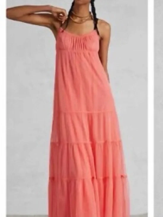 Maeve Anthropologie Coral tulle Maxi Dress with Spaghetti Straps Small - Picture 4 of 10